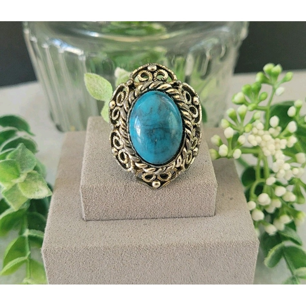 Southwestern Blue Cabochon Filigree Ring Silver Tone Size 7 Artisan